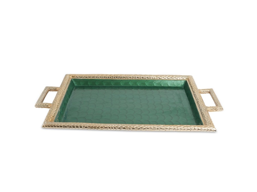 Julia Knight Decor | Florentine 23" Beveled Tray With Handles Gold Emerald