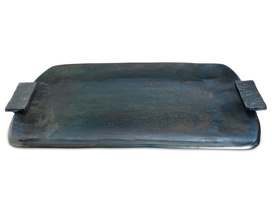 Julia Knight Table Accessories | Eclipse 21" Rectangular Tray With Handles Steel Blue